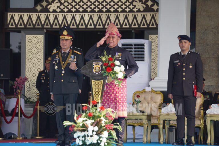 Dansat Brimob Polda Sumsel Hadiri Upacara Peringatan Hari Bhayangkara ke-80 Tahun 2026 di Griya Agung Palembang