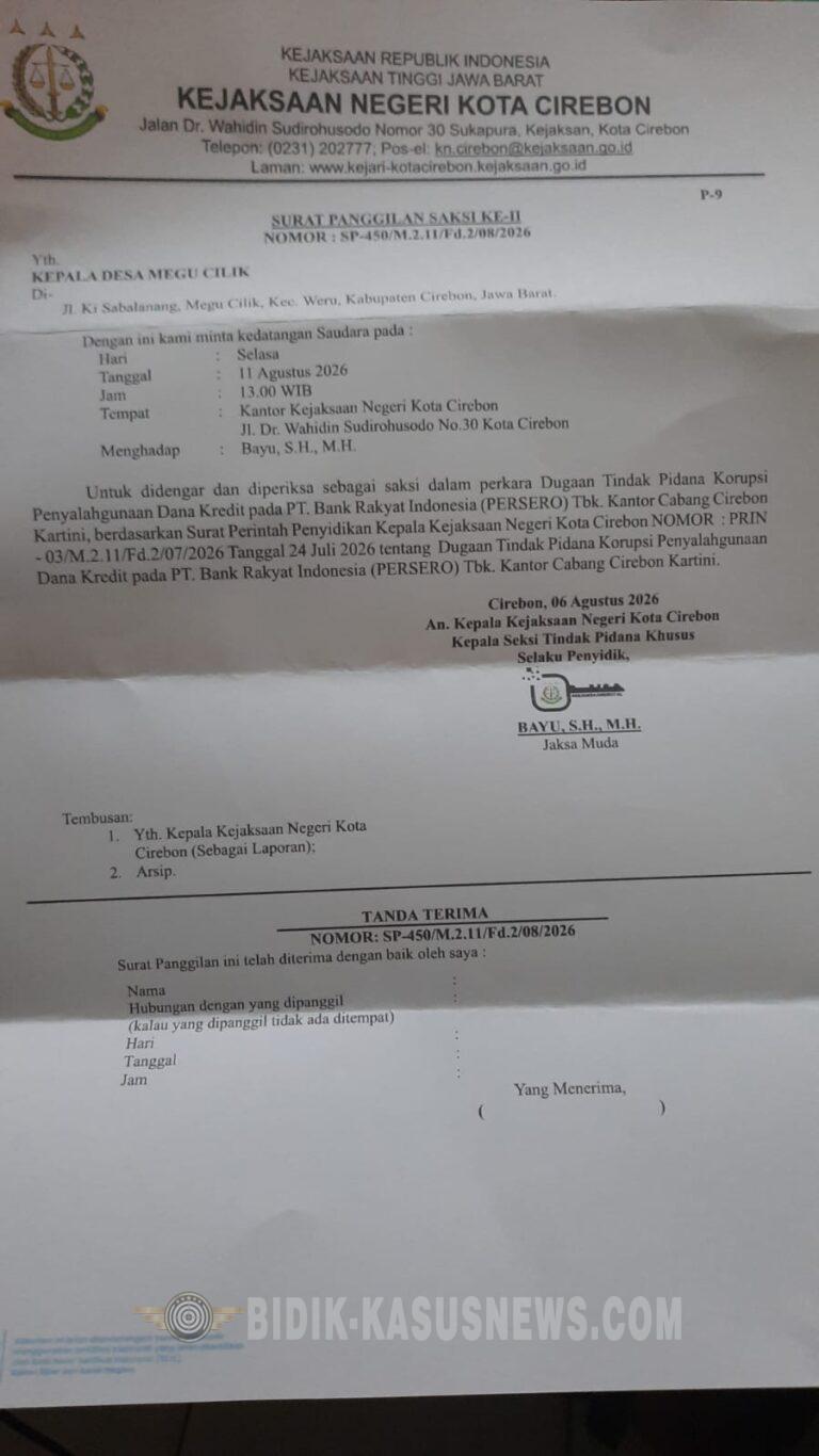 Ada apa Kuwu Desa Megu Cilik Dipanggil Kejari Kota Cirebon, sebagai Saksi perkara Dugaan Korupsi Penyalahgunaan Dana Kredit BRI