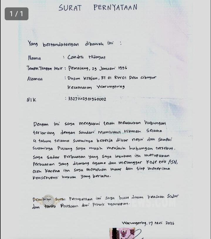 Surat Pengakuan Dugaan Hubungan Terlarang Oknum Guru Beredar, Laporan Suami di Warungpring Dipertanyakan