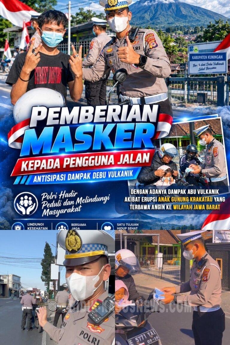 Abu Vulkanik Mengarah ke Jabar, Satlantas Polres Kuningan Bergerak di 4 Titik, Bagikan Masker kepada Pengguna Jalan